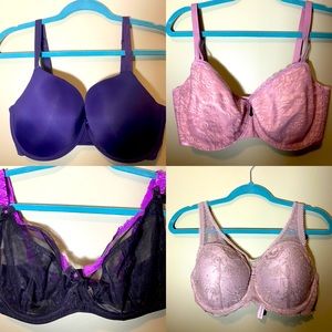 4 bras, lightly worn. Sold together, sizes similar, 34DDD, 34G, 36F